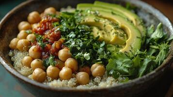 Bowl filled with quinoa, chickpeas, avocado, and fresh herbs set on a rustic table photo