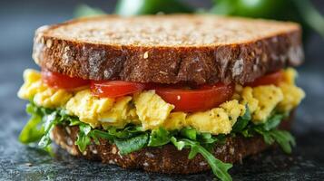 Breakfast sandwich featuring scrambled eggs, tomatoes, and arugula on whole grain bread photo