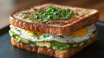 Breakfast sandwich featuring scrambled eggs, tomatoes, and arugula on whole grain bread photo