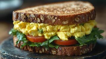 Breakfast sandwich featuring scrambled eggs, tomatoes, and arugula on whole grain bread photo