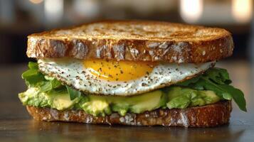 Breakfast sandwich featuring scrambled eggs, tomatoes, and arugula on whole grain bread photo