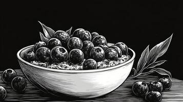 Bowl of blueberries with leaves on a wooden table against a dark background photo