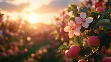 Blossoming cherry trees lining a serene pathway at sunset in springtime landscape photo