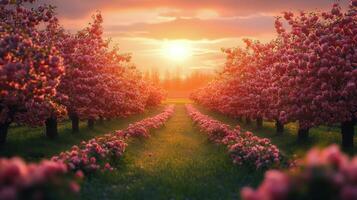 Blossoming cherry trees lining a serene pathway at sunset in springtime landscape photo