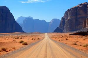 Breathtaking view of a winding desert road in a vast landscape under a bright blue sky photo