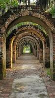 Brick archways leading to a serene path lined with moss in an outdoor garden photo