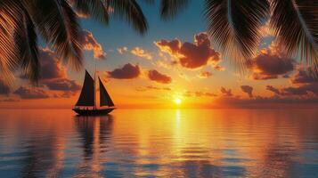 Breathtaking sunset over calm ocean with silhouetted palm trees near coastal shore photo