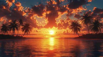 Breathtaking sunset over calm ocean with silhouetted palm trees near coastal shore photo