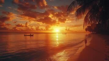 Breathtaking sunset over calm ocean with silhouetted palm trees near coastal shore photo