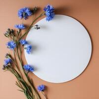 Blue flowers arranged around a white circle on a warm orange background photo