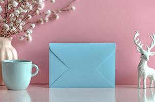 Blue envelope and decorative items on a pink background creating a cozy workspace atmosphere photo