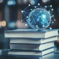 Books stacked with a glowing sphere representing knowledge and technology photo