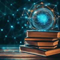 Books stacked with a glowing sphere representing knowledge and technology photo