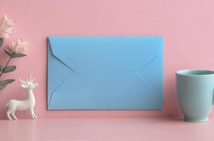 Blue envelope and decorative items on a pink background creating a cozy workspace atmosphere photo