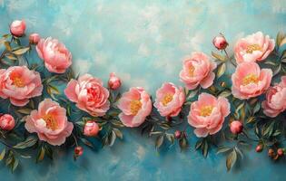 Blossoming peonies arranged on a blue background in a beautiful floral display photo