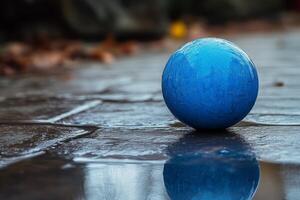 Blue ball resting on a wet stone surface after rain in a quiet outdoor area photo