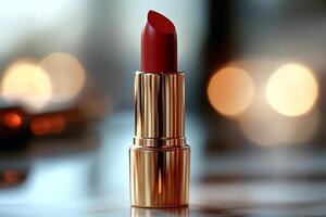 Bold red lipstick with shimmering finish captured against a blurred background in evening light photo