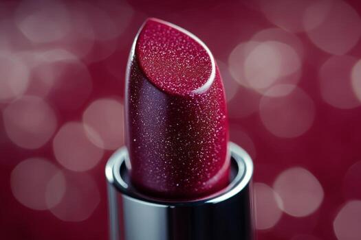 Bold red lipstick with shimmering finish captured against a blurred background in evening light photo