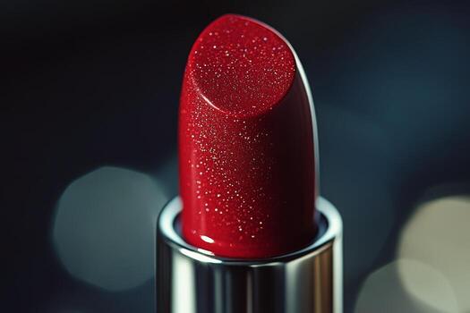 Bold red lipstick with shimmering finish captured against a blurred background in evening light photo