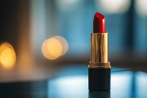 Bold red lipstick with shimmering finish captured against a blurred background in evening light photo