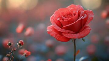 Bright red rose blooms in a vibrant garden during early morning light photo