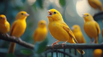 Bright yellow bird sings amidst blooming pink flowers in springtime garden photo
