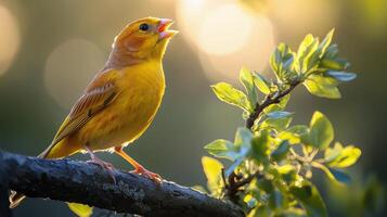 Bright yellow bird sings amidst blooming pink flowers in springtime garden photo