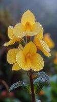 Bright yellow flower with dew drops in a lush green environment during a sunny day photo