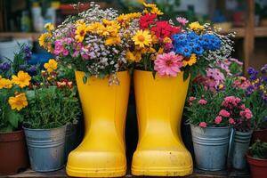 Bright yellow boots filled with colorful flowers in a vibrant garden setting photo
