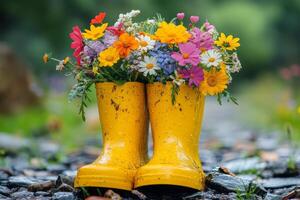 Bright yellow boots filled with colorful flowers in a vibrant garden setting photo