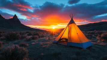 Bright yellow tent stands alone at sunset on a vast open landscape photo