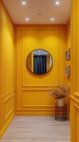 Bright yellow hallway featuring a round mirror and decorative elements with plants photo