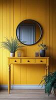Bright yellow hallway featuring a round mirror and decorative elements with plants photo