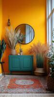 Bright yellow hallway featuring a round mirror and decorative elements with plants photo