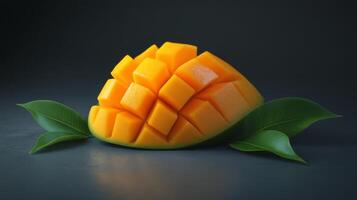 Bright yellow mango cubes are artistically arranged with fresh green leaves on a dark backdrop photo
