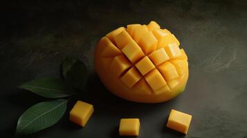 Bright yellow mango cubes are artistically arranged with fresh green leaves on a dark backdrop photo