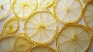 Bright yellow lemon slices arranged in a decorative pattern on a light background photo