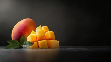Bright yellow mango cubes are artistically arranged with fresh green leaves on a dark backdrop photo
