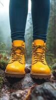 Bright yellow rain boots stand on a wet road surrounded by autumn foliage photo