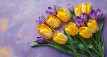 Bright yellow tulips and purple crocuses arranged on a pastel purple background in springtime photo