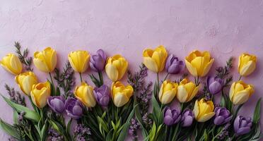 Bright yellow tulips and purple crocuses arranged on a pastel purple background in springtime photo