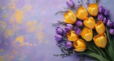 Bright yellow tulips and purple crocuses arranged on a pastel purple background in springtime photo