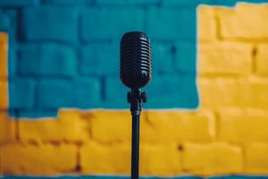 Brightly colored backdrop with a microphone set up for a performance or recording session photo
