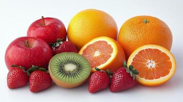 Colorful platter of fresh fruits arranged in vibrant sections on a gray background photo