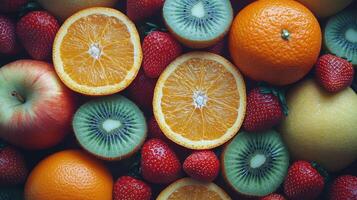 Colorful platter of fresh fruits arranged in vibrant sections on a gray background photo
