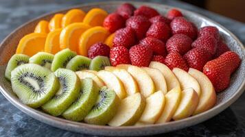 Colorful platter of fresh fruits arranged in vibrant sections on a gray background photo