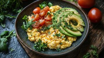 Colorful salad bowl with avocado, tomatoes, and black beans served in a rustic style photo