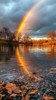 Colorful rainbow arcs over serene lake in a picturesque landscape at dusk photo