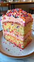 Colorful rainbow cake decorated with icing and sprinkles for a festive celebration photo