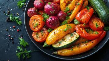 Colorful plate of diced vegetables with fresh herbs served on a dark background photo